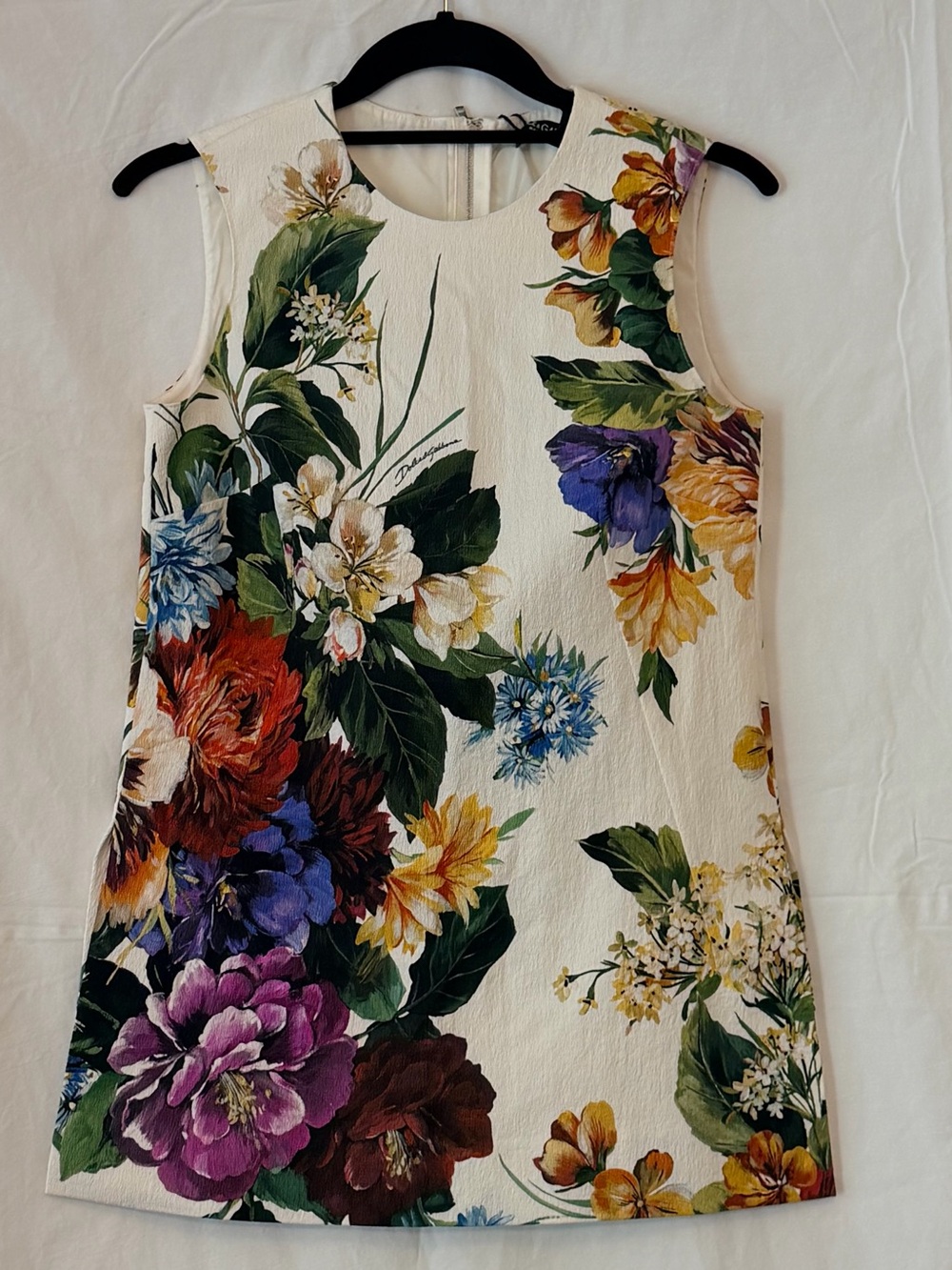 Dolce & Gabbana White Dress with Bold Yellow, Purple and Green Floral Print
